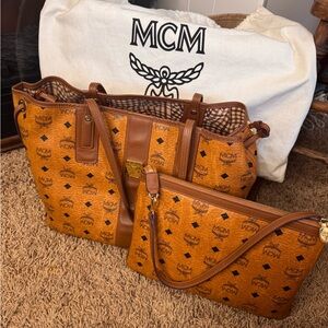 MCM Tan Leather Tote and Pouch Set